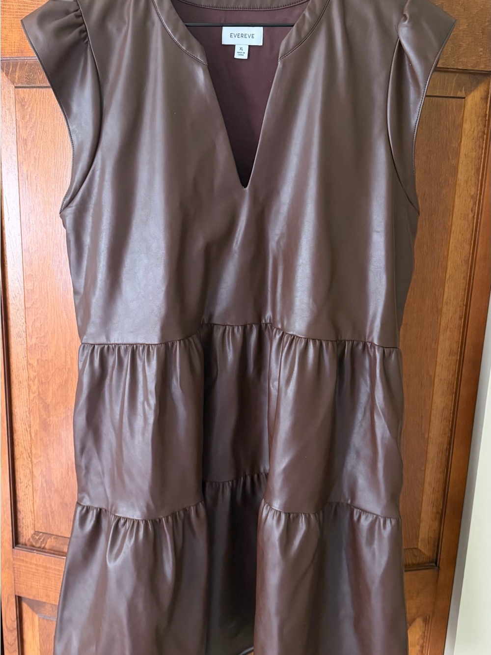 Evereve Chocolate Brown Faux-Leather Tiered V-Neck Dress